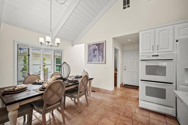 dining room with beam ceiling, high vaulted ceiling, wooden ceiling, and a notable chandelier