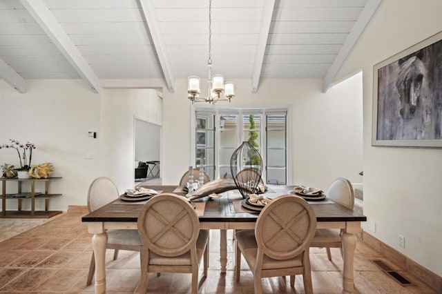 dining space featuring vaulted ceiling with beams and an inviting chandelier