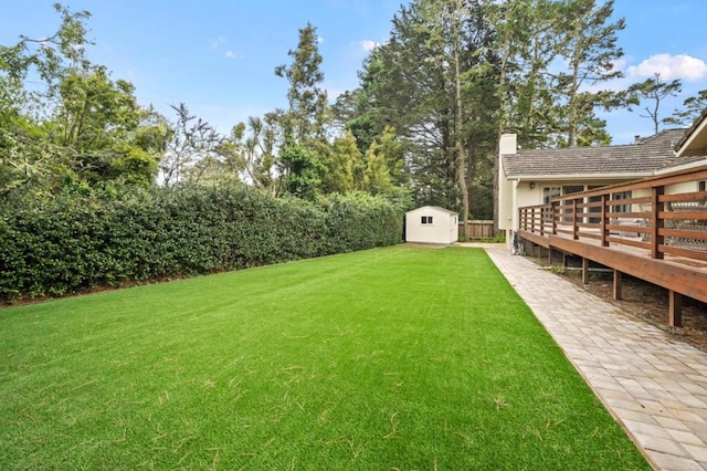 view of yard with a shed and a deck