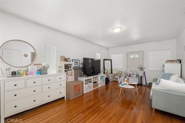 living room with a textured ceiling and hardwood / wood-style floors