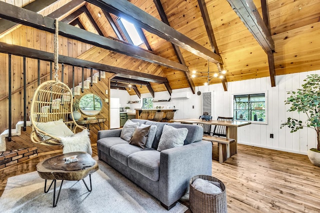 living room with wooden ceiling, wood-type flooring, lofted ceiling with beams, and wood walls