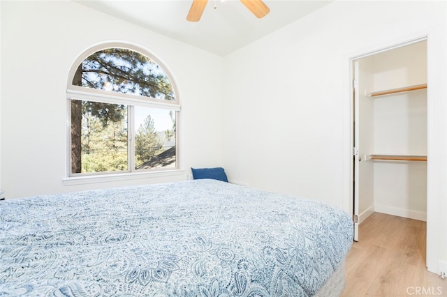 bedroom with light hardwood / wood-style flooring and ceiling fan