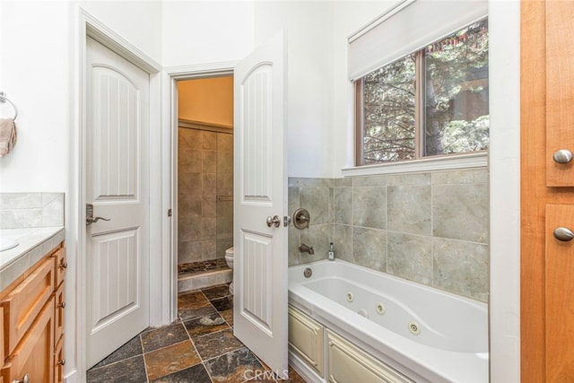 bathroom with a bathing tub, vanity, and toilet