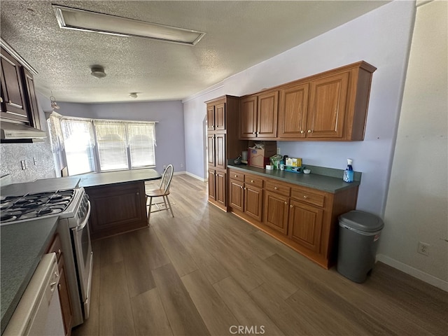 kitchen with a textured ceiling, stainless steel gas range, extractor fan, dishwasher, and dark hardwood / wood-style floors