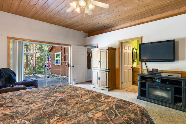 carpeted bedroom featuring wooden ceiling, access to outside, connected bathroom, and ceiling fan