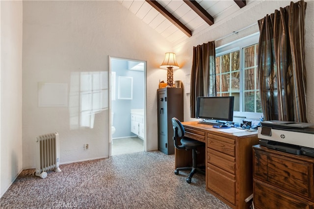 office with lofted ceiling with beams, carpet floors, and radiator heating unit