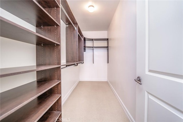 walk in closet featuring light carpet