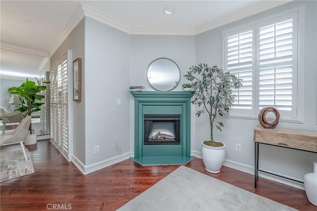 sitting room featuring crown molding and dark wood-type flooring