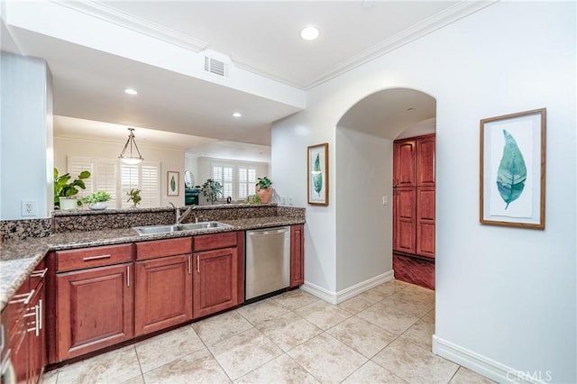 kitchen featuring dark stone counters, sink, stainless steel dishwasher, and ornamental molding