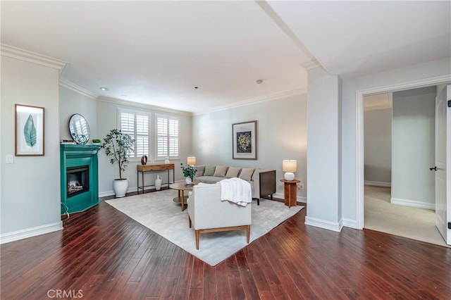 living room with ornamental molding and dark wood-type flooring