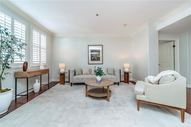 living room featuring wood-type flooring and crown molding