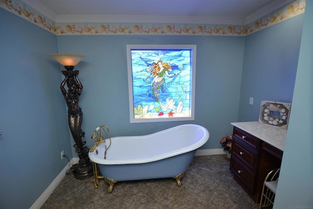 bathroom with vanity, a bathing tub, plenty of natural light, and crown molding