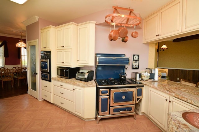 kitchen with light stone countertops, black oven, decorative light fixtures, and crown molding