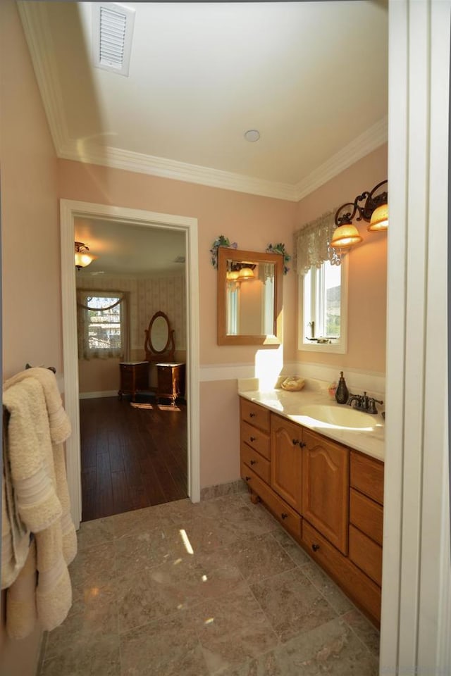 bathroom featuring wood-type flooring, vanity, and ornamental molding