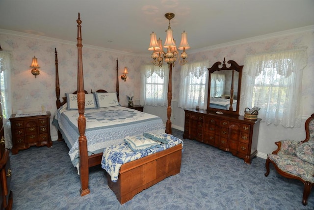 bedroom featuring ornamental molding and multiple windows