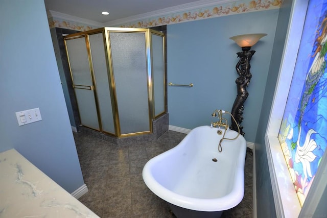 bathroom featuring shower with separate bathtub, ornamental molding, and tile patterned floors