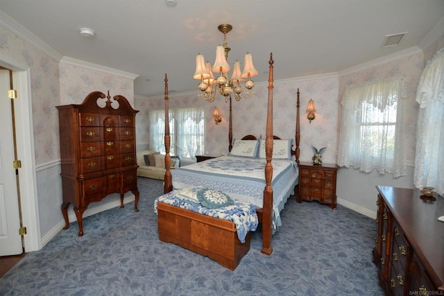 carpeted bedroom with an inviting chandelier and crown molding