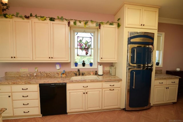 kitchen featuring ornamental molding, sink, light parquet flooring, fridge, and dishwasher