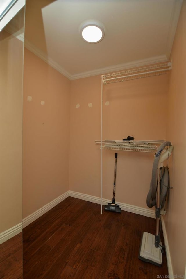 washroom featuring ornamental molding and dark wood-type flooring