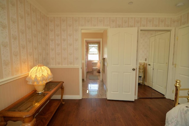 bedroom featuring ornamental molding, dark hardwood / wood-style floors, and a closet