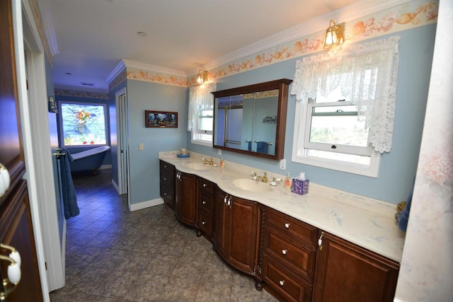 bathroom featuring vanity, a tub to relax in, plenty of natural light, and crown molding