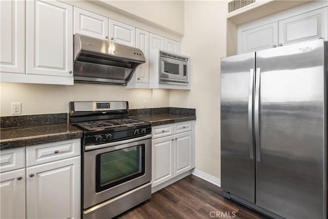 kitchen with white cabinets, dark hardwood / wood-style floors, and appliances with stainless steel finishes