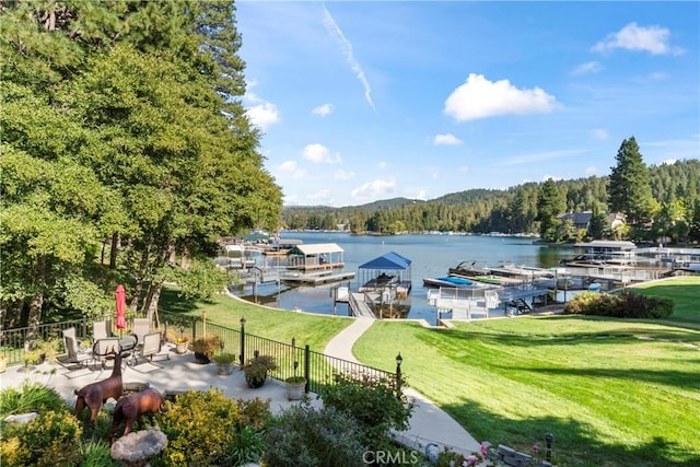 dock area with a lawn and a water view