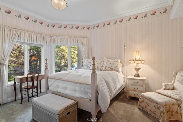 carpeted bedroom with crown molding