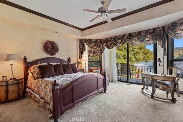 carpeted bedroom with ceiling fan, access to exterior, multiple windows, and crown molding