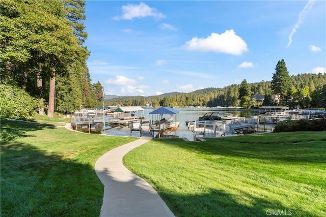 view of community with a yard, a dock, and a water view