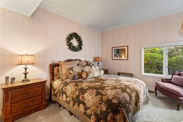 carpeted bedroom featuring ornamental molding