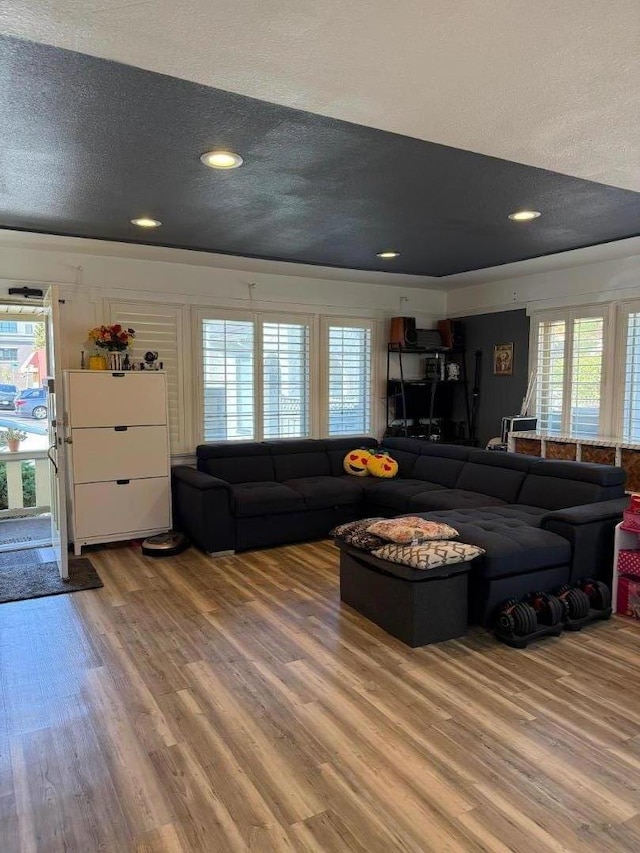 living room featuring a textured ceiling, a wealth of natural light, and hardwood / wood-style flooring