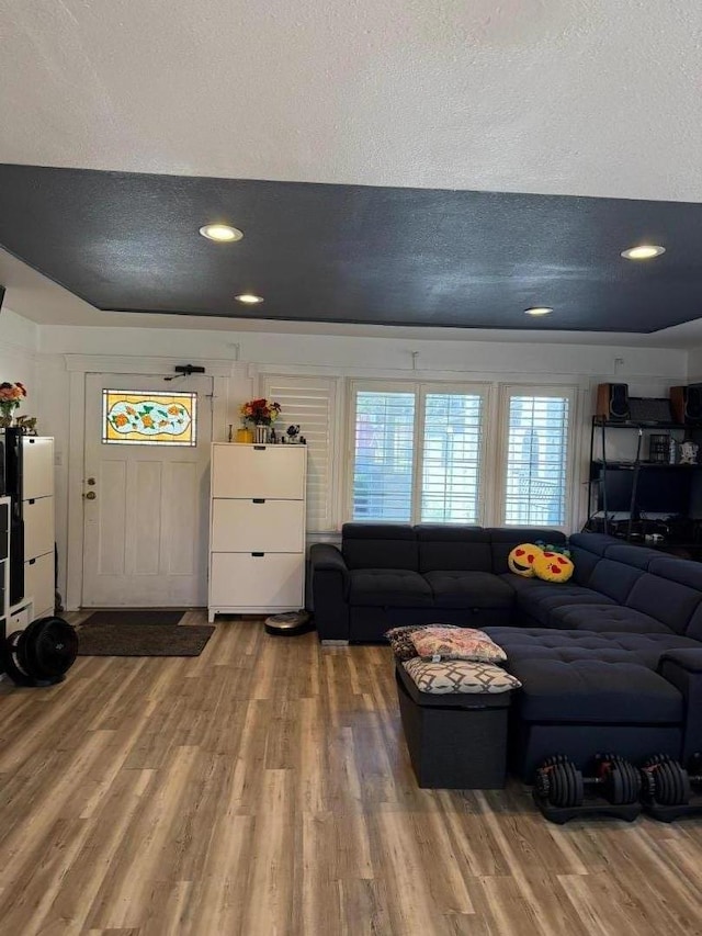 living room featuring hardwood / wood-style floors and a textured ceiling