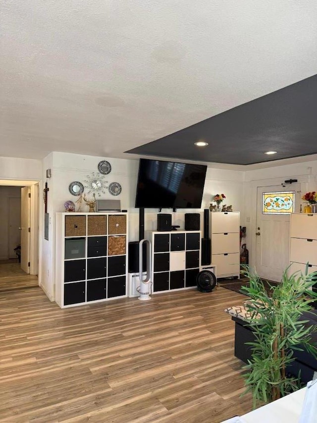 living room featuring a textured ceiling and wood-type flooring