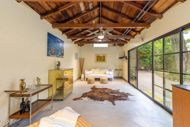 interior space with high vaulted ceiling, wooden ceiling, ceiling fan, and beamed ceiling