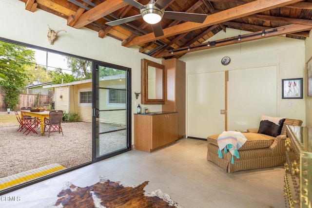 interior space featuring wooden ceiling, ceiling fan, high vaulted ceiling, and beamed ceiling