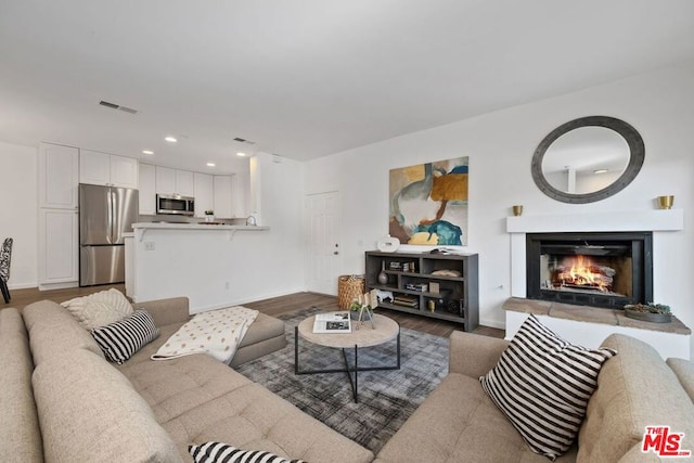 living room with dark hardwood / wood-style floors