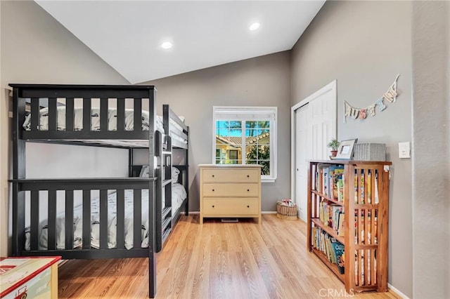 1169 Aztec, Topanga, CA 90290 - bedroom with wood finished floors, high vaulted ceiling, a closet, baseboards, and recessed lighting