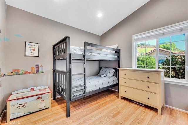 1169 Aztec, Topanga, CA 90290 - bedroom with lofted ceiling, light wood-style floors, baseboards, and recessed lighting