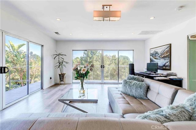 living room with light hardwood / wood-style flooring