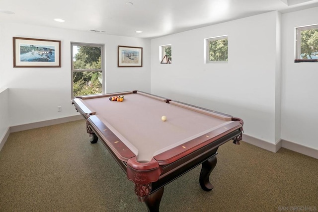 rec room with carpet floors and billiards