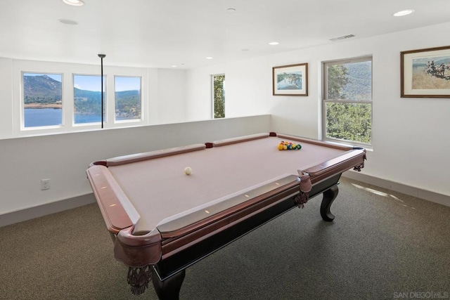 rec room with pool table and carpet flooring