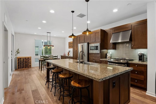 kitchen with wall chimney exhaust hood, sink, hanging light fixtures, a center island with sink, and appliances with stainless steel finishes