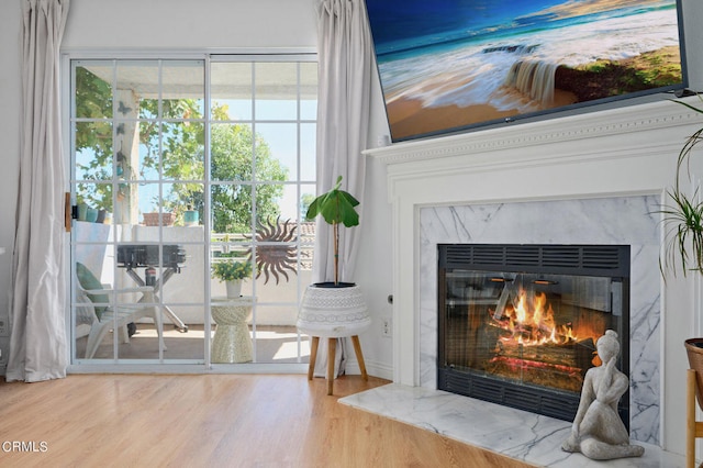 interior details featuring hardwood / wood-style floors and a high end fireplace