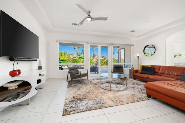 living room featuring ceiling fan