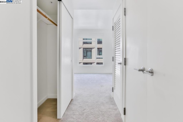 hallway with light colored carpet