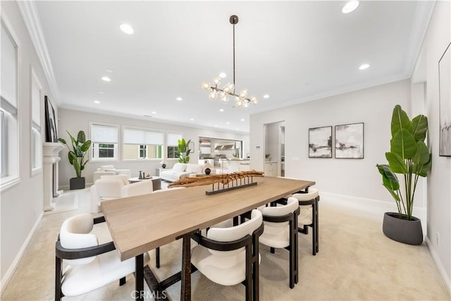 dining room featuring light carpet, crown molding, and an inviting chandelier