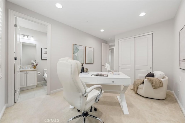 home office featuring light colored carpet