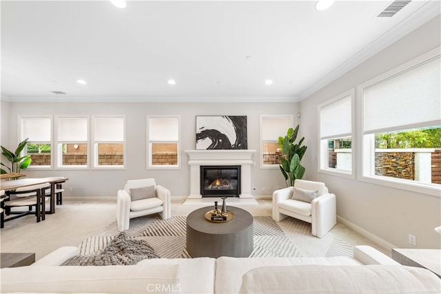 carpeted living room featuring crown molding