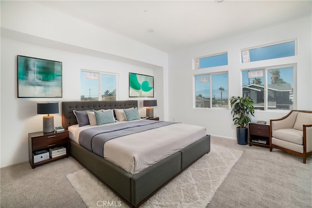 bedroom featuring multiple windows and light colored carpet